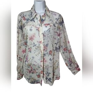 Kut From The Kloth White Sheer Casual Buttoned Floral Blouse Top S